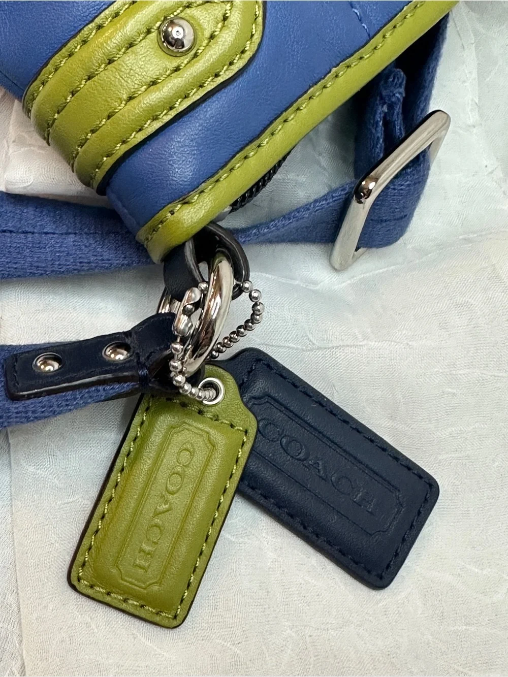 COACH Daisy Spectator Blue Leather Shoulder Bag with Olive Green Trim
